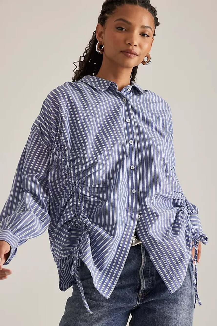 Pilcro Anthropologie Women M Reworked Ruched Button Down Shirt Oversized Cinched